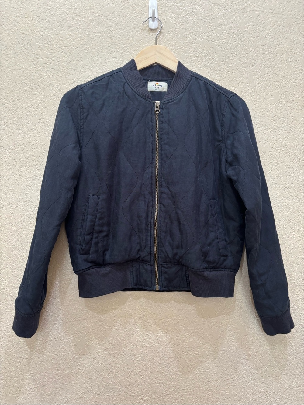 Marine Layer Tencel Linen Blend Quilted Bomber Jacket Navy Utility Lightweight